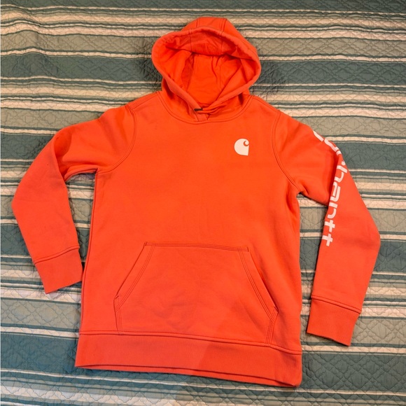 Carhartt Sweaters - Carhartt Relaxed Fit Logo Print Hooded Sweatshirt Womens Sz Med (8-10) Orange